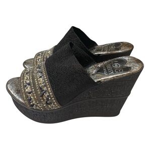 Live if Liberty Black and Silver Embellished Wedges Slides size 39 8-8.5